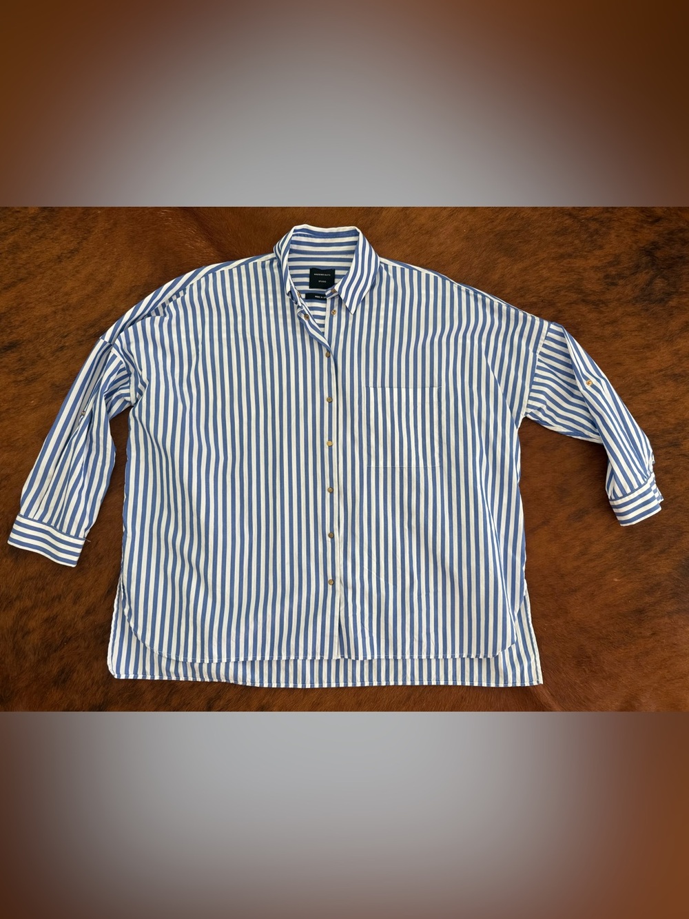 Massimo Dutti Studio Blue and White Striped Button-Up Blouse with Snaps closure